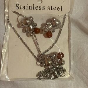 Stainless Steel Necklace Set with Silver and Brown Accents